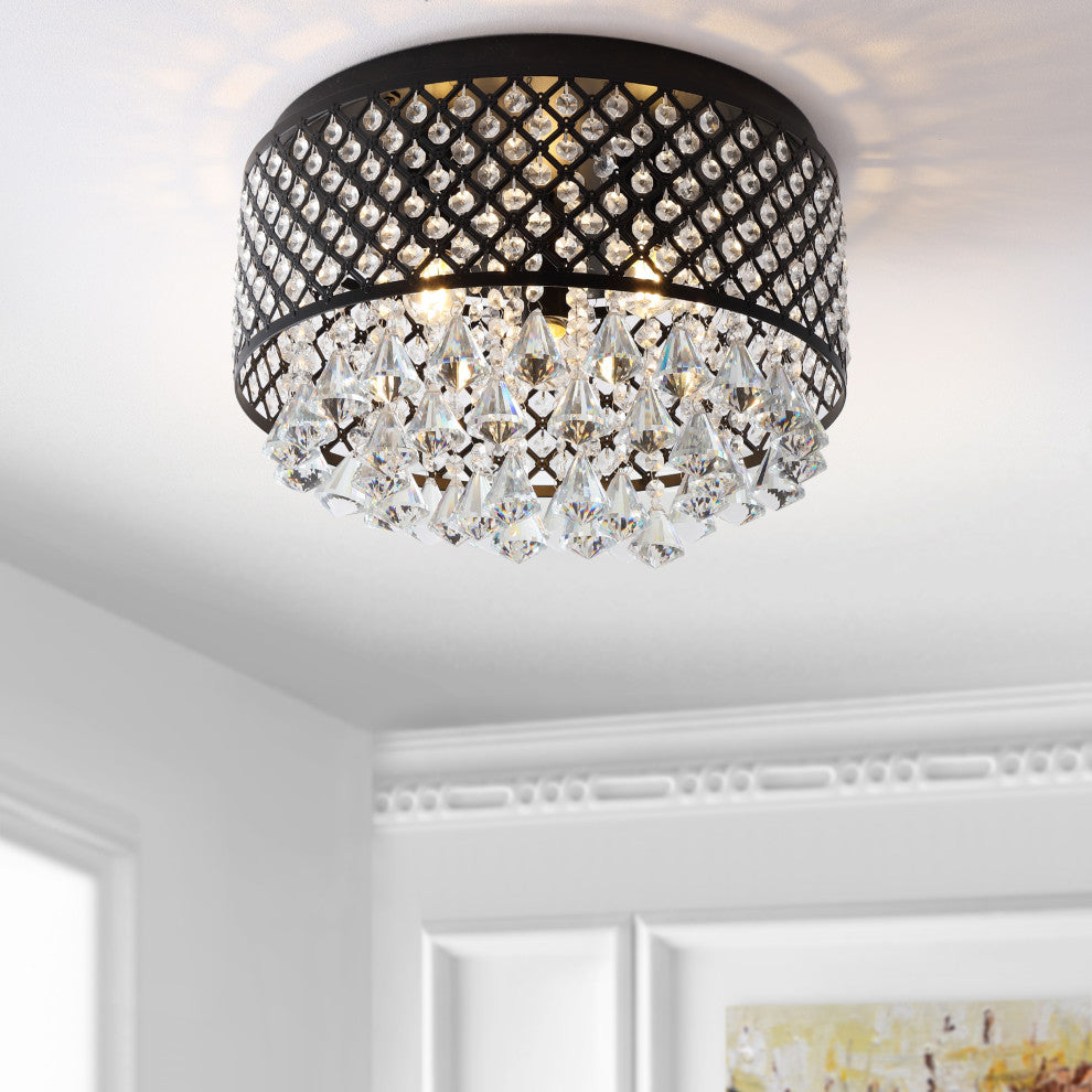 Evelyn 3-Light Crystal Drops and Metal LED Flush Mount, Black/Clear, Width: 17"