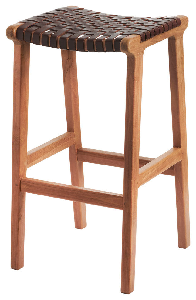 Visby Teak Wood Bar Stool with Dark Woven Leather