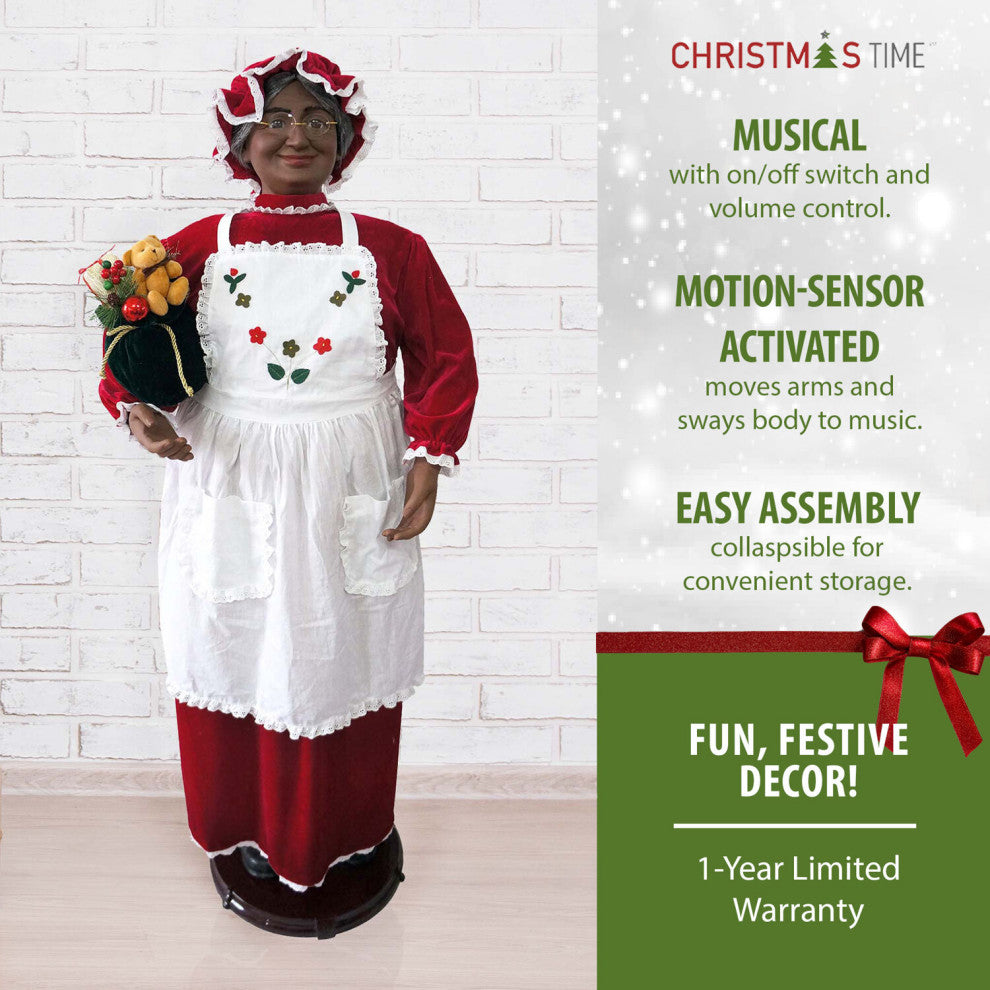58" African American Dancing Mrs. Claus With Apron and Gift Sack, Home Decor