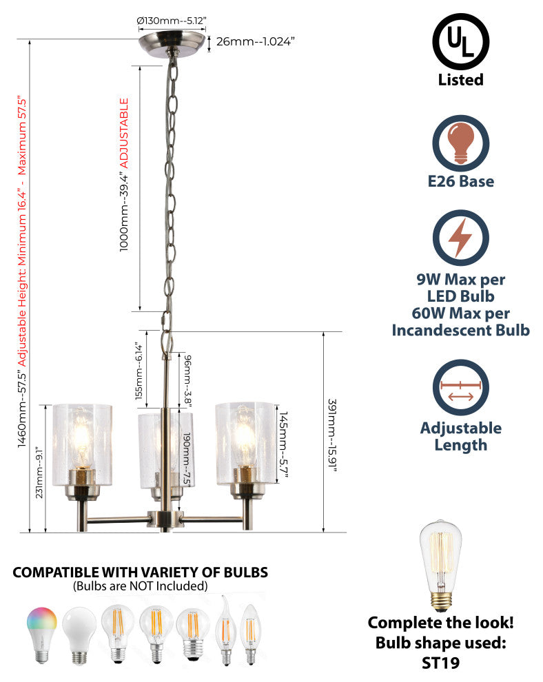 Lazzur Couesnon 3 Light 18" Satin Nickel Chandelier