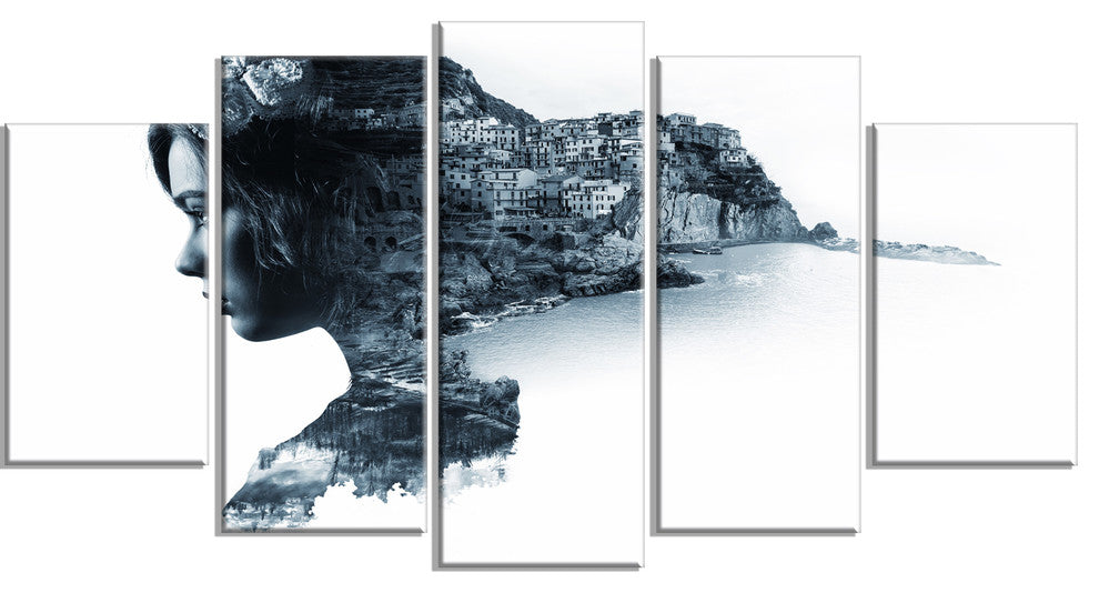 Woman Portrait Double Exposure, Portrait Canvas Art Print, 60"x32", 5 Panels