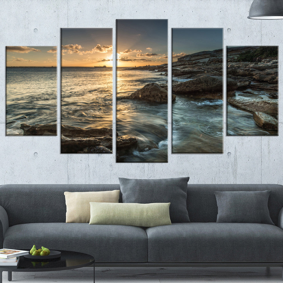 "Sydney Beach With Bright Sunset" Wall Artwork, 5 Panels