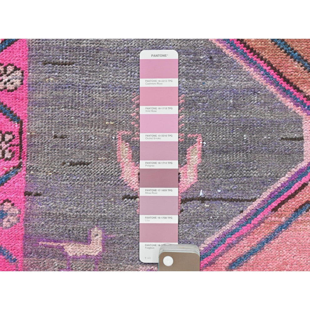Mocha Brown With Pink Old Persian Heriz Hand Knotted Pure Wool Rug, 3'7"x10'1"