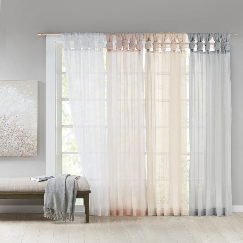 Madison Park Ceres Twist Tab Top Sheer Window Curtain Pair, Light Grey