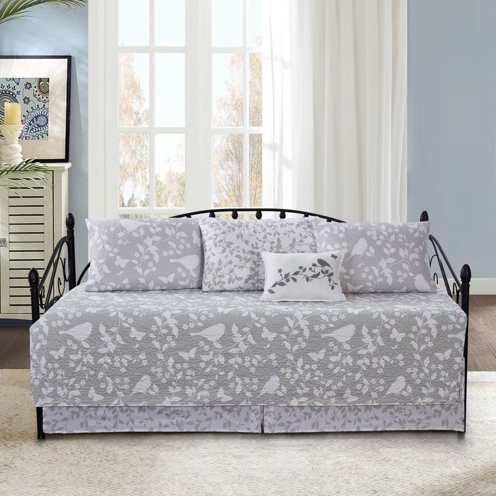 Birdsong 6-Piece Quilted Daybed Set, Gray, Daybed, 75"x39"