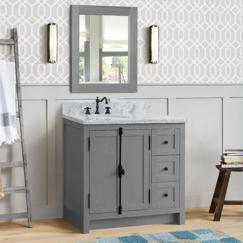 37" Single Vanity, Gray Ash With White Carrara Top, Left Doors/Left Oval Sink