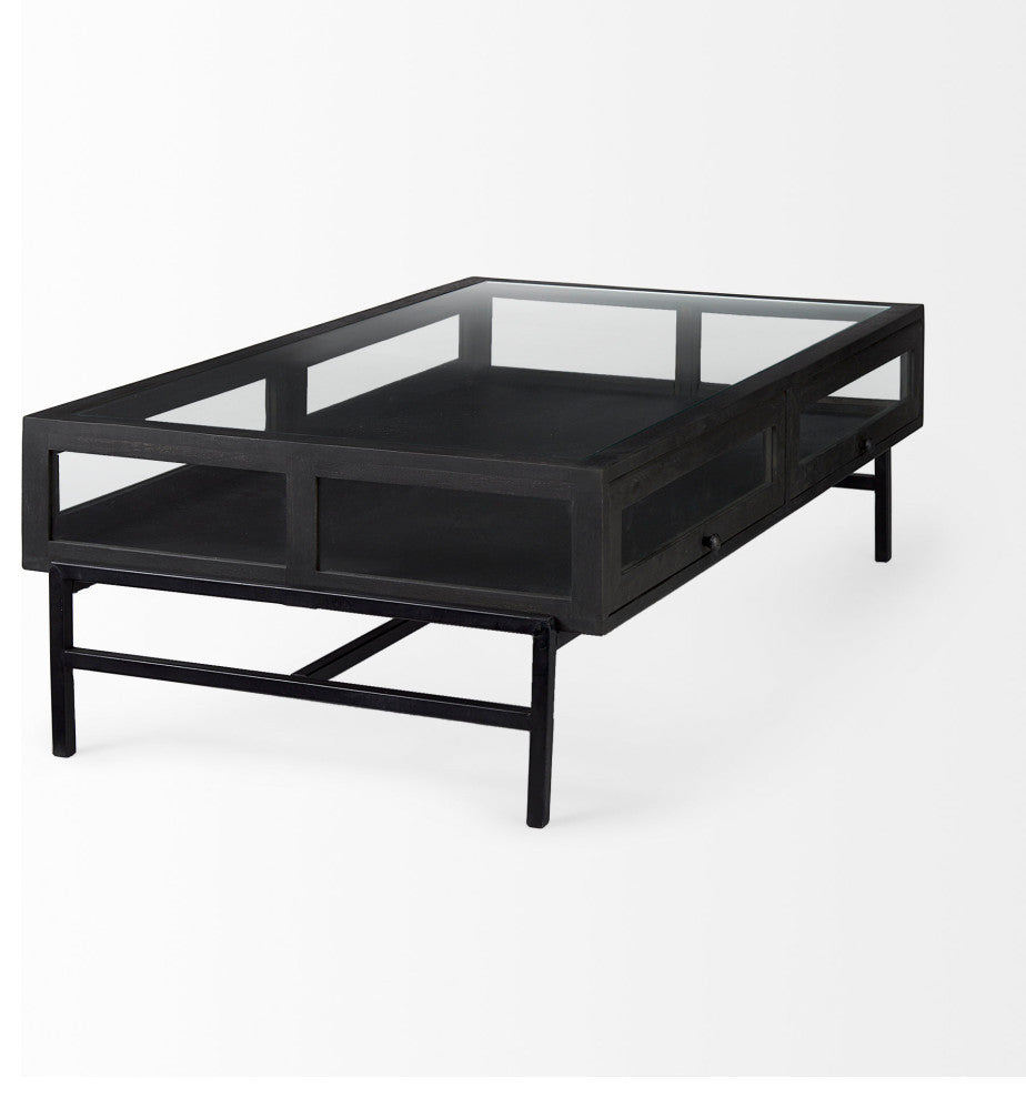 Arelius Glass-Top Black-Brown Wood With Black Metal Base Display Coffee Table