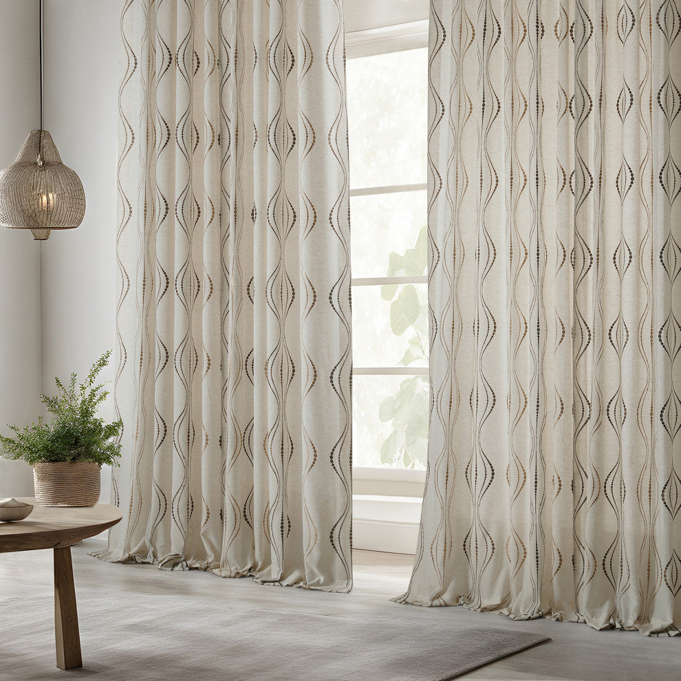 Suez Bronze Embroidered FauxLinen Sheer Curtain Single Panel, 50"x96"