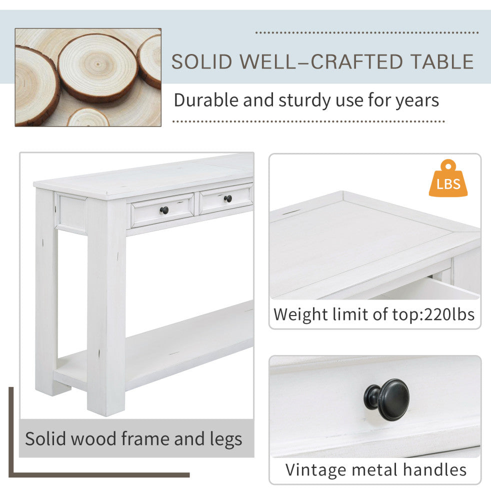 63"x30" Rustic Chic Console Table with Drawers and Shelf for Entryway Hallway, Antique White