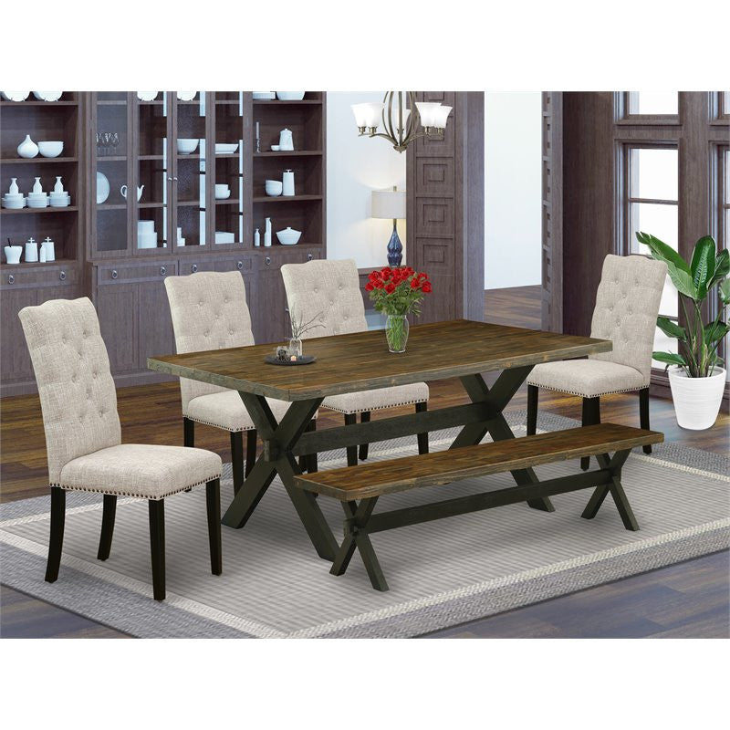 6-Piece Set, Doeskin Linen Fabric Seat Chairs, Bench and Table