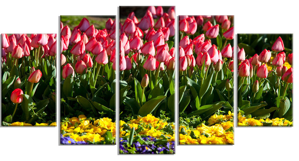 Red Tulips with Yellow Purple Flowers, Flower Canvas Print, 60"x32", 5 Panels