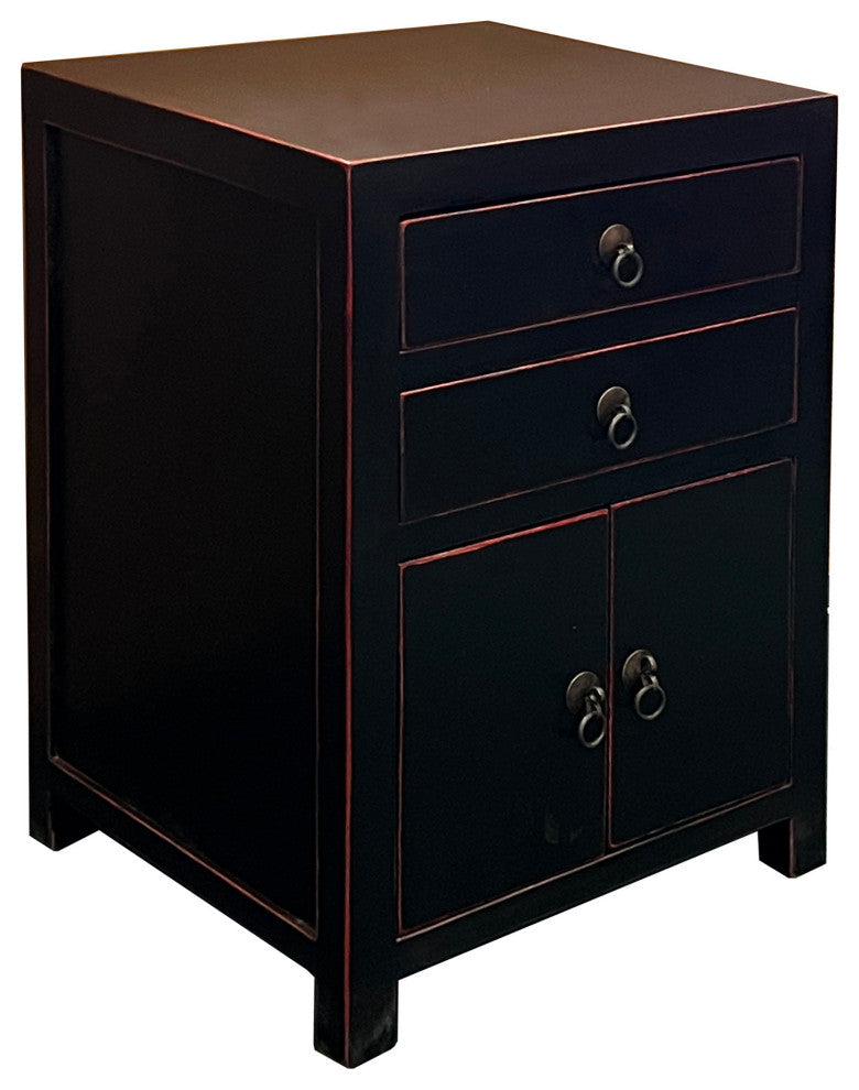 Chinese Oriental Distressed Black 2 Drawers End Table Nightstand Hcs7584