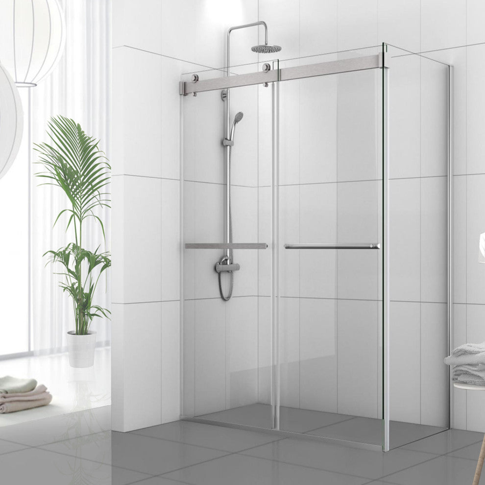 Spezia 48" W x 76" H Sliding Frameless Shower Enclosure, Brushed Nickel, 48" W X 76" H