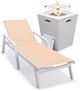 LeisureMod Marlin Chaise Lounge Chair With Arms and Fire Pit Table, Light Brown