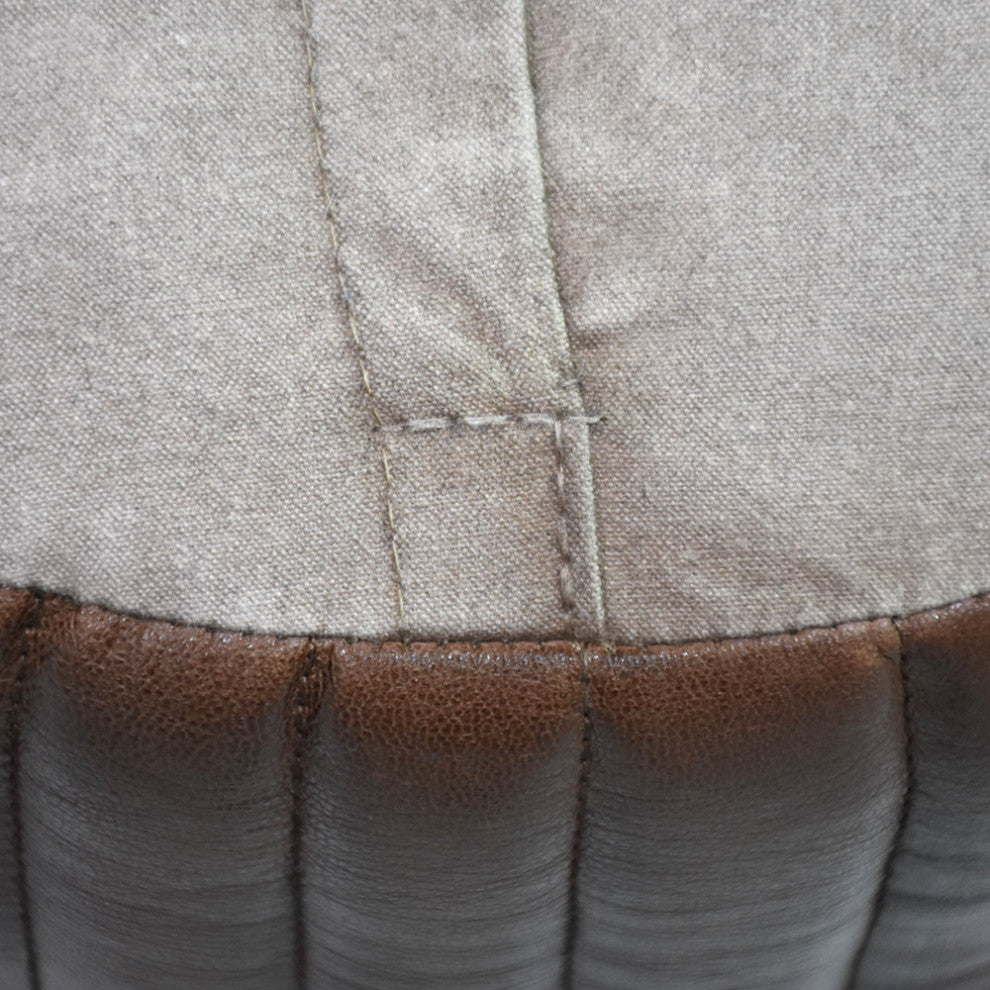 Poufs-Solid Handmade Goat Leather Pouf, Recycled Cotton Fill, Brown, 18x18x18 Round