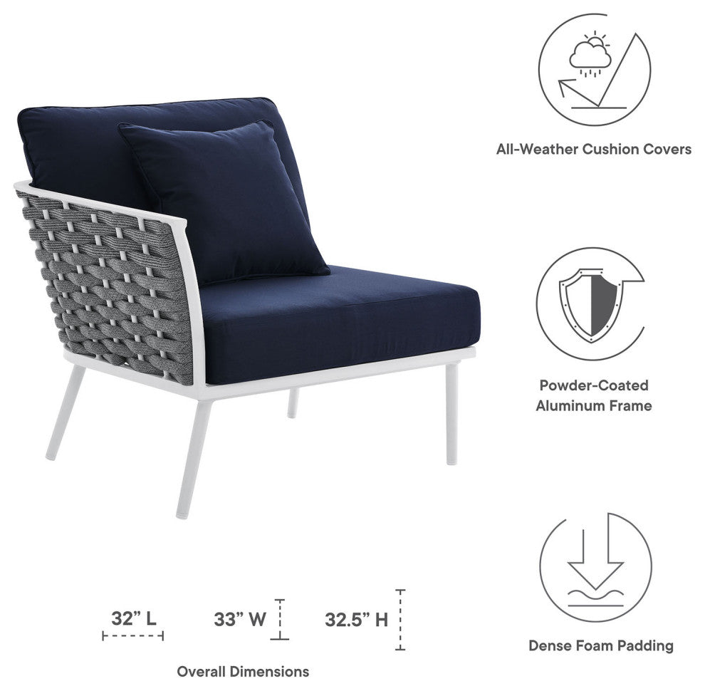 Lounge Chair, Navy White, Aluminum, Modern, Outdoor Patio Bistro Hospitality