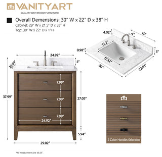 Vanity Art Bathroom Vanity with Engineered Marble Top and Sink, Walnut, 30", Brushed Nickel