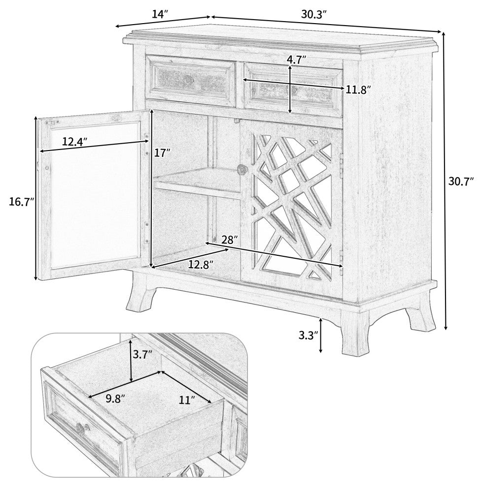Wood Double Door Accent Cabinet with 2 Drawers, Black, 30'' X 14''