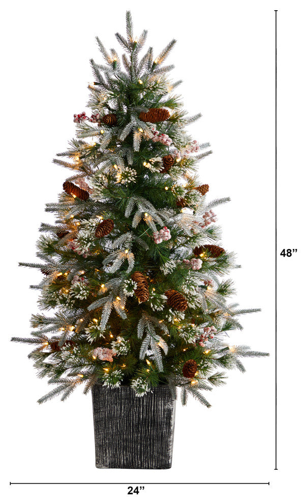 4' Frosted Faux Xmas Tree Pre-Lit With 105 lights & Berries, Decorative Planter