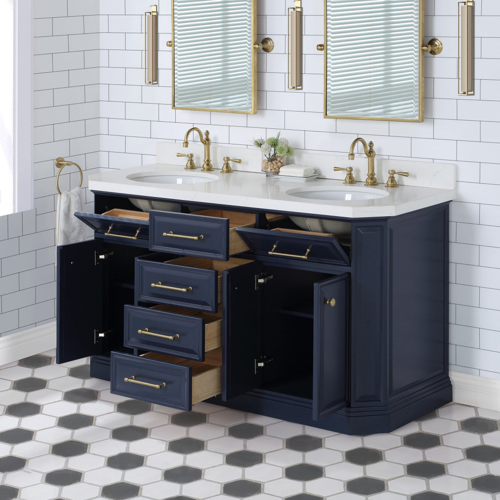 Palace 60" Double Sink White Quartz Countertop With Mirror, Blue