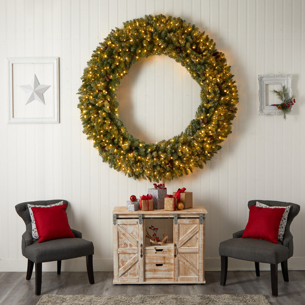 6' Giant Flocked Faux Xmas Wreath W/Pinecones, Clear Lights & Bendable Branches