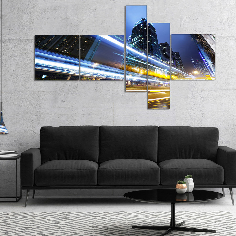 Traffic In Hong Kong at Night, Cityscape Canvas Art Print, 60"x32", 5 panels
