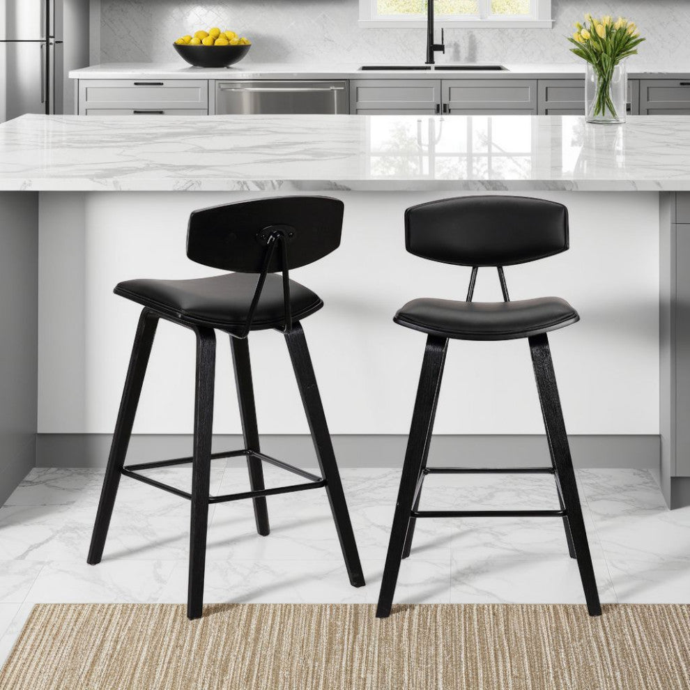 Fox 26" Mid-Century Counter Height Barstool in Black Faux Leather