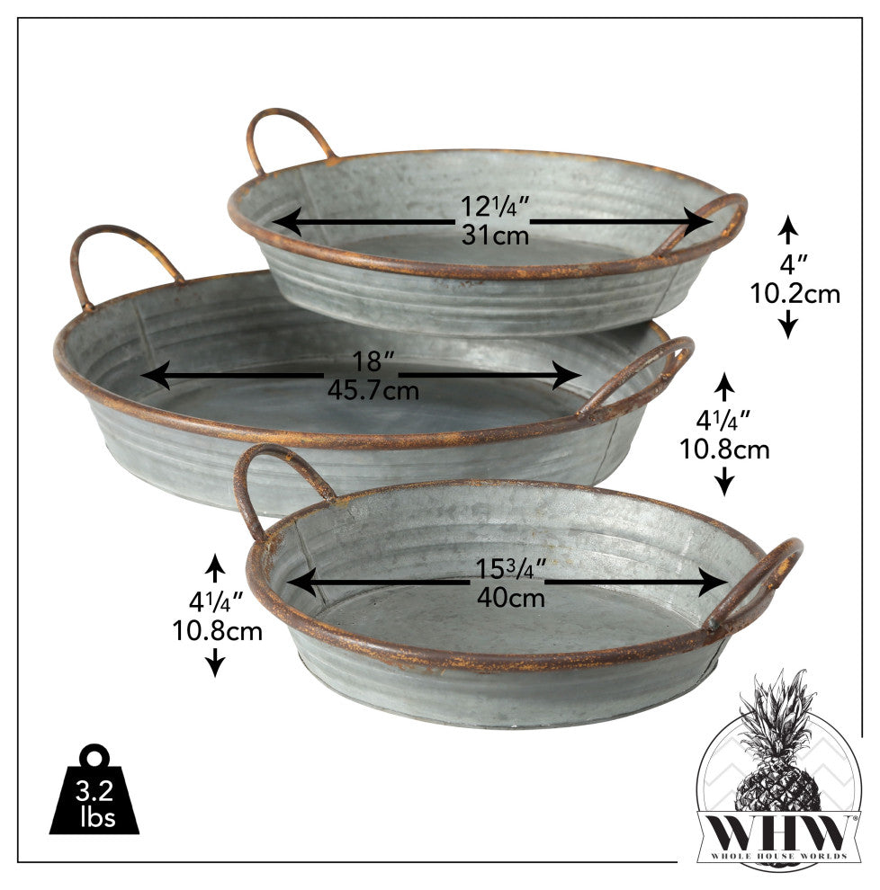 3-Piece Galvanized Trays, 18", 15" and 12"