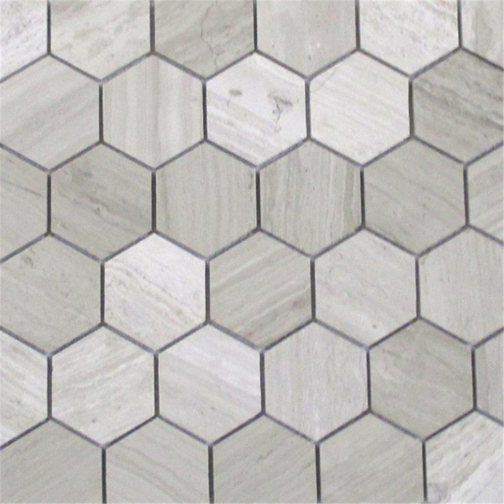 2" Hexagon Athens Silver Cream Haisa Marble Wooden Beige Tile Polished, 1 sheet