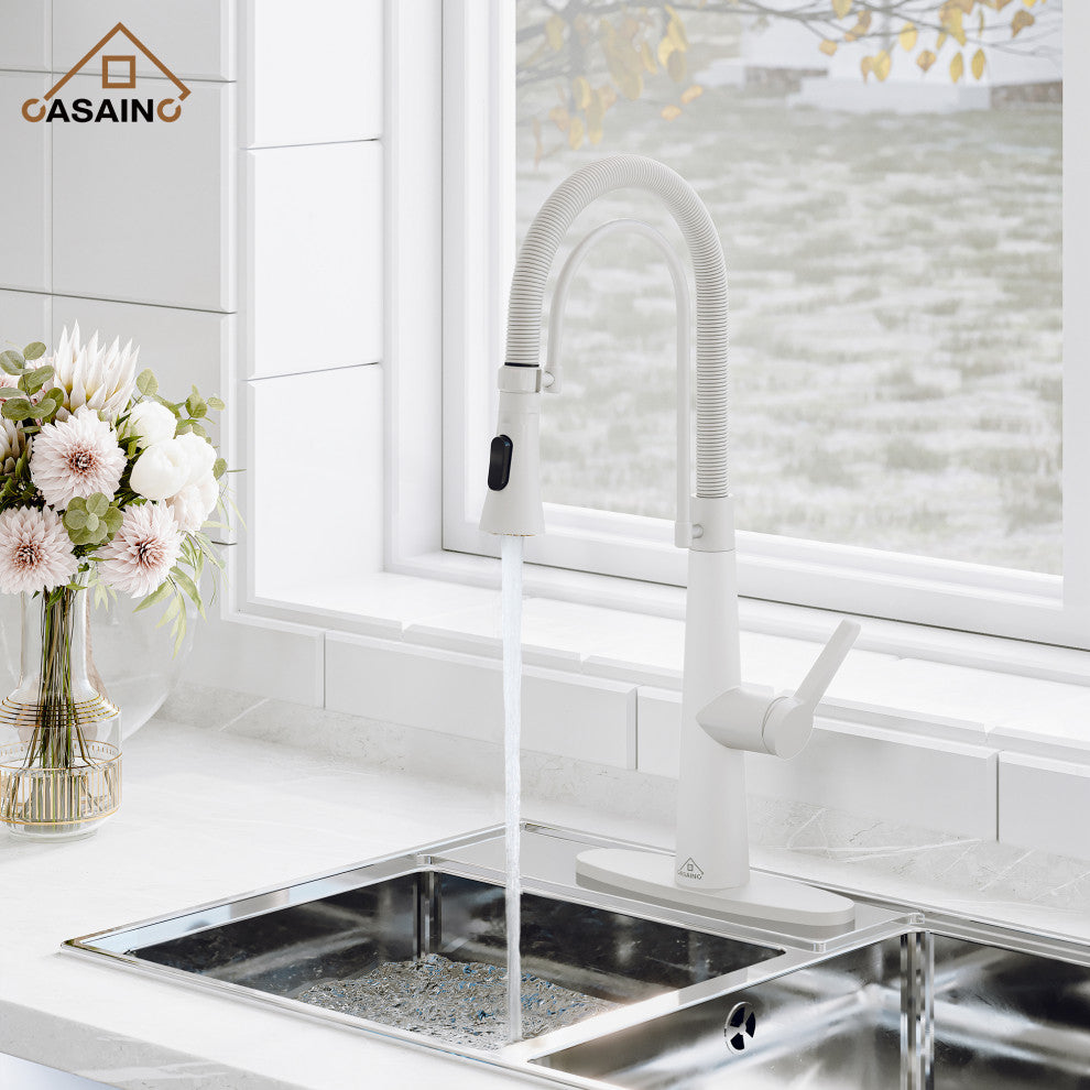 Single-Handle Spring Neck Standard Kitchen Faucet with Dual-Function, Matte White