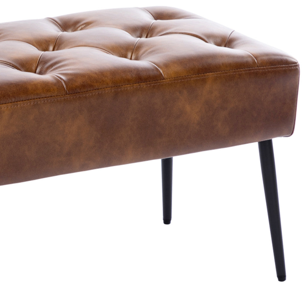 Button Tufts Bedroom Bench, Yellowish Brown With Black Legs-Faux Leather