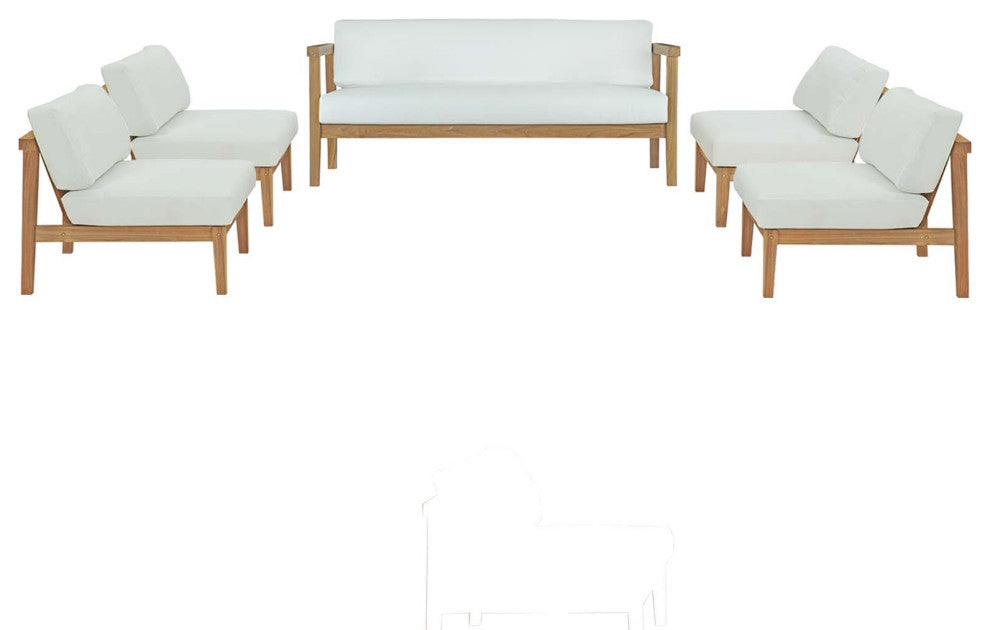 Sectional Sofa Chair Table Set, White Natural, Teak Wood, Modern, Outdoor Patio