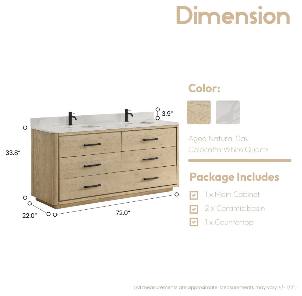 Porto Bath Vanity with White Quartz Stone Top, Natural Oak, 72 in., No Mirror