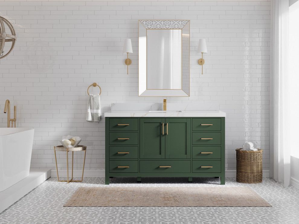 Malibu 60 Single Sink Bathroom Vanity in Lafayette Green 2" Calacatta Sienna