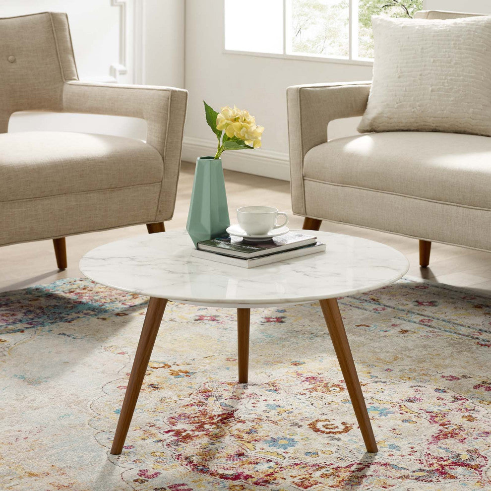Walnut White Lippa 28" Round Artificial Marble Coffee Table with Tripod Base