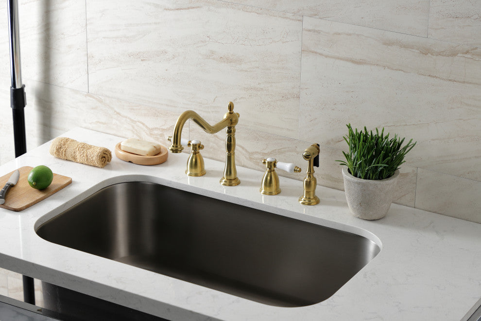 Kingston Brass KB1797BPLBS Widespread Kitchen Faucet, Brass Sprayer