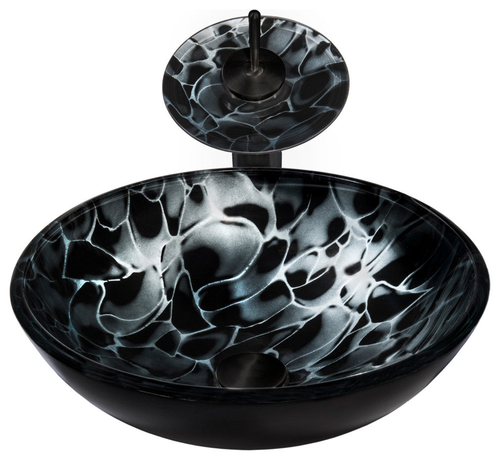 Tartaruga Hand Painted Tempered Glass Vessel Bathroom Sink Set, Matte Black