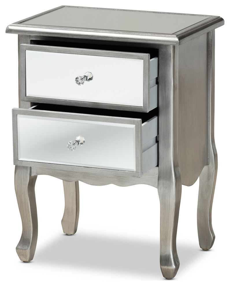Leonie Modern Brushed Silver Finish Wood and Mirrored Glass 2-Drawer Nightstand