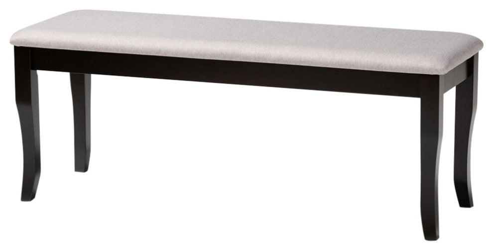 Aerni Transitional Gray Upholstered and Dark Brown Wood Dining Bench