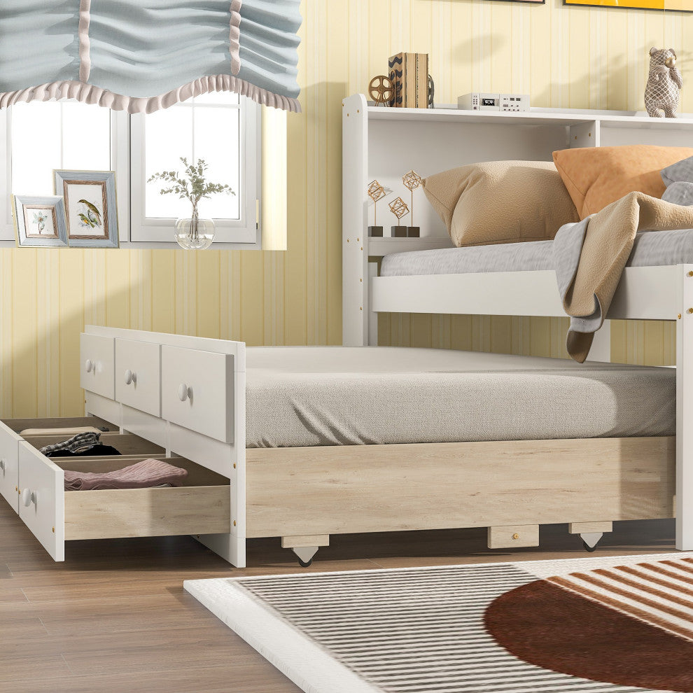 Full/Twin Wood Frame Platform Bed with Trundle and Drawers, White, Full