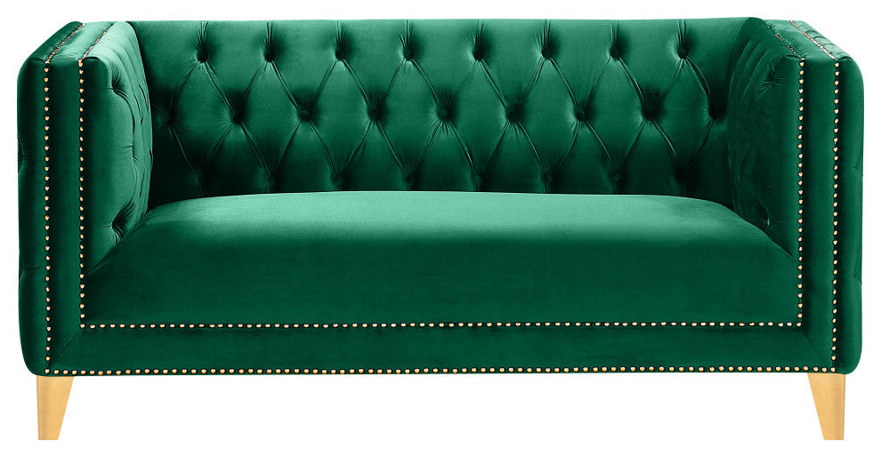 Michelle Fabric Upholstered Chair, Gold Iron Legs, Green, Velvet, Loveseat