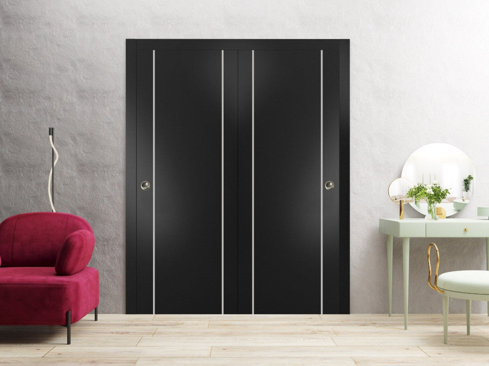 Bypass Doors 48 x 84 | Planum 0410 Matte Black with  | Sturdy Rails