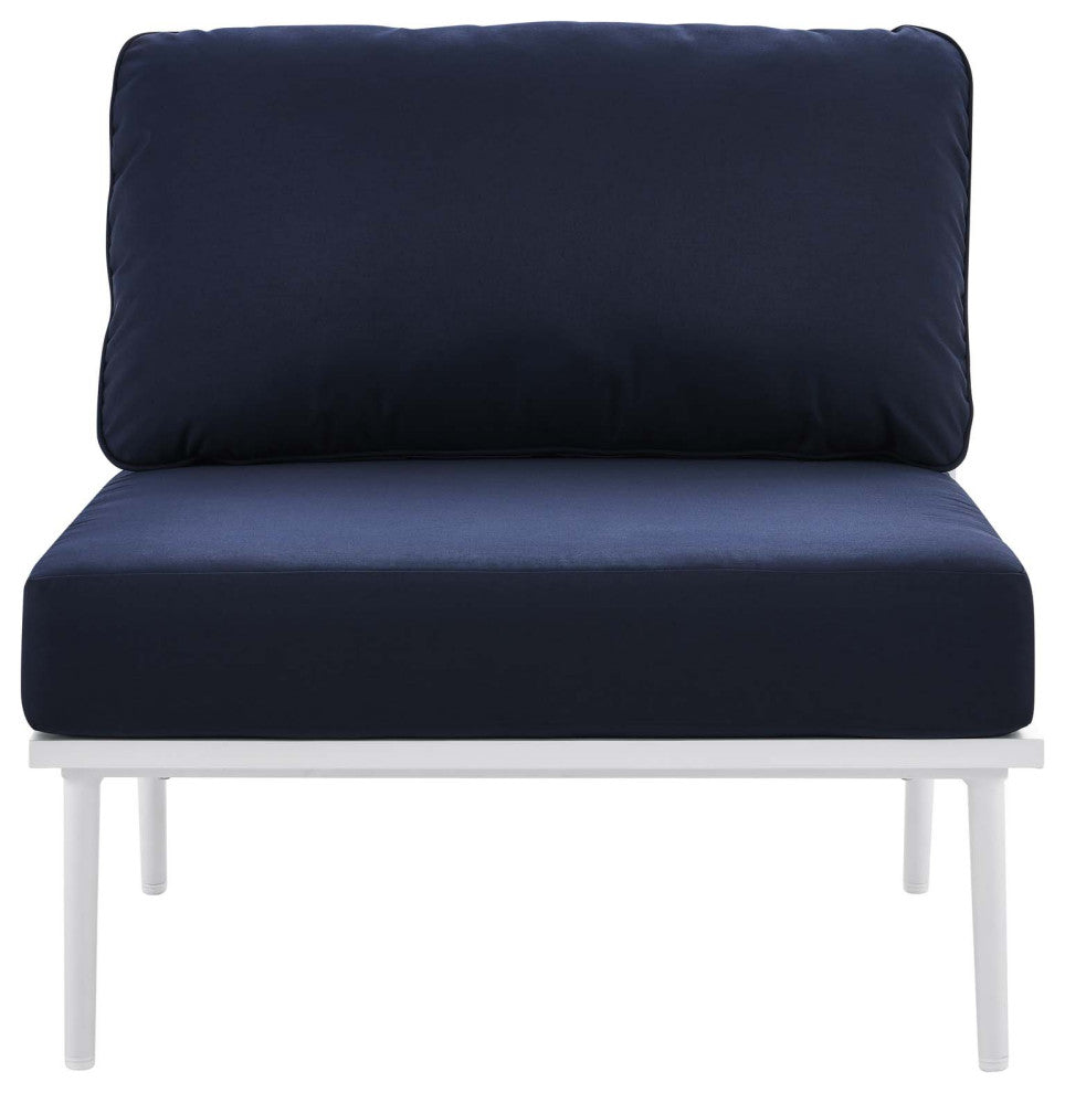 Lounge Chair Table Set, Navy White, Aluminum, Modern, Outdoor Patio Hospitality