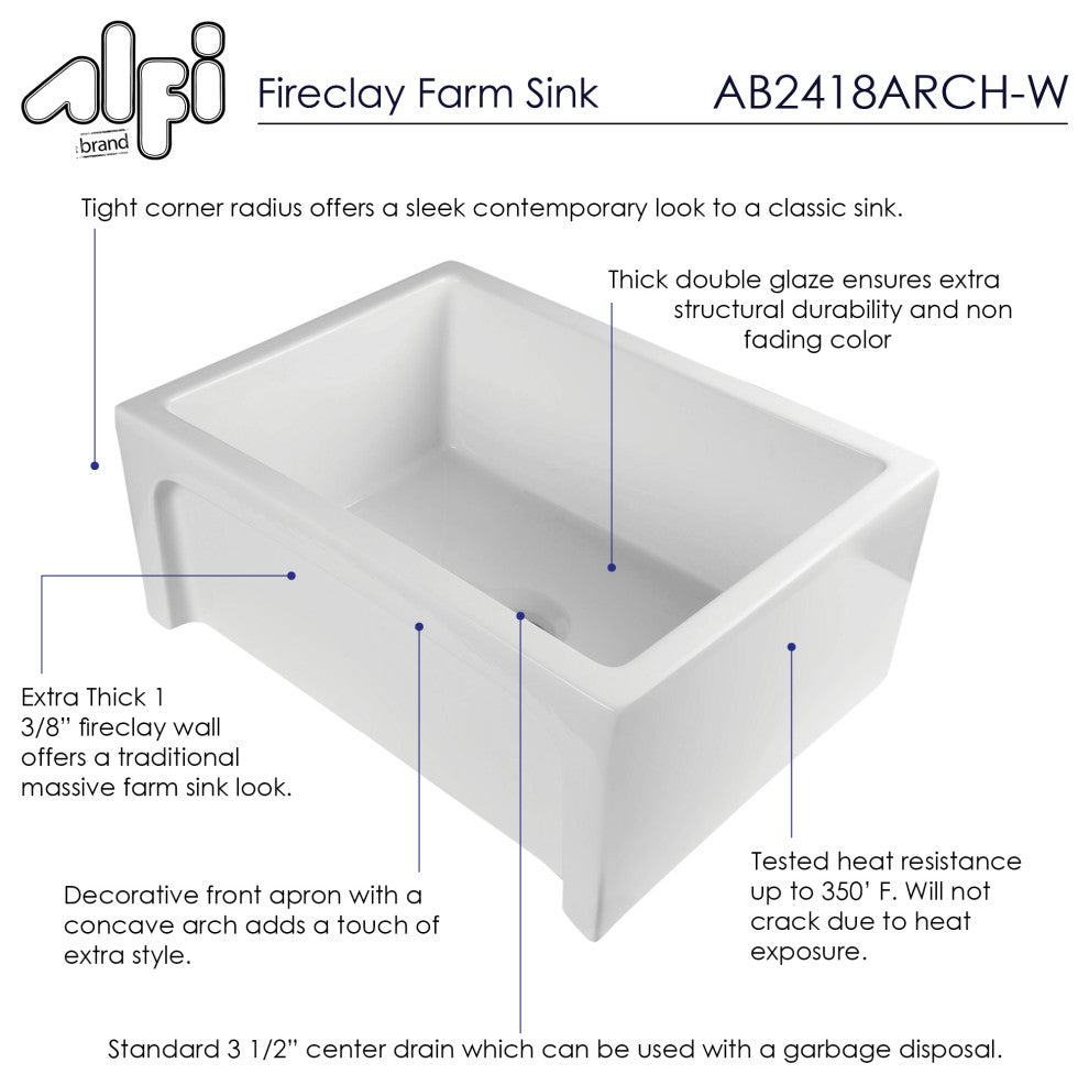 Ab2418Arch-W 24" White Arched Apron Thick Wall Fireclay Single Bowl Farm Sink