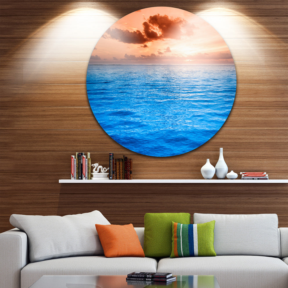 Brilliant Blue Waters Under Sunset, Seashore Round Metal Wall Art, 36"