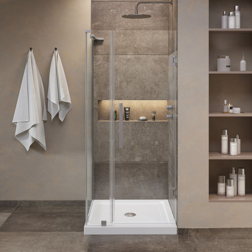 Panama 32"Wx32"Dx74 3/4"H Corner Hinge Shower Kit Black Base, Satin Nickel, 36"
