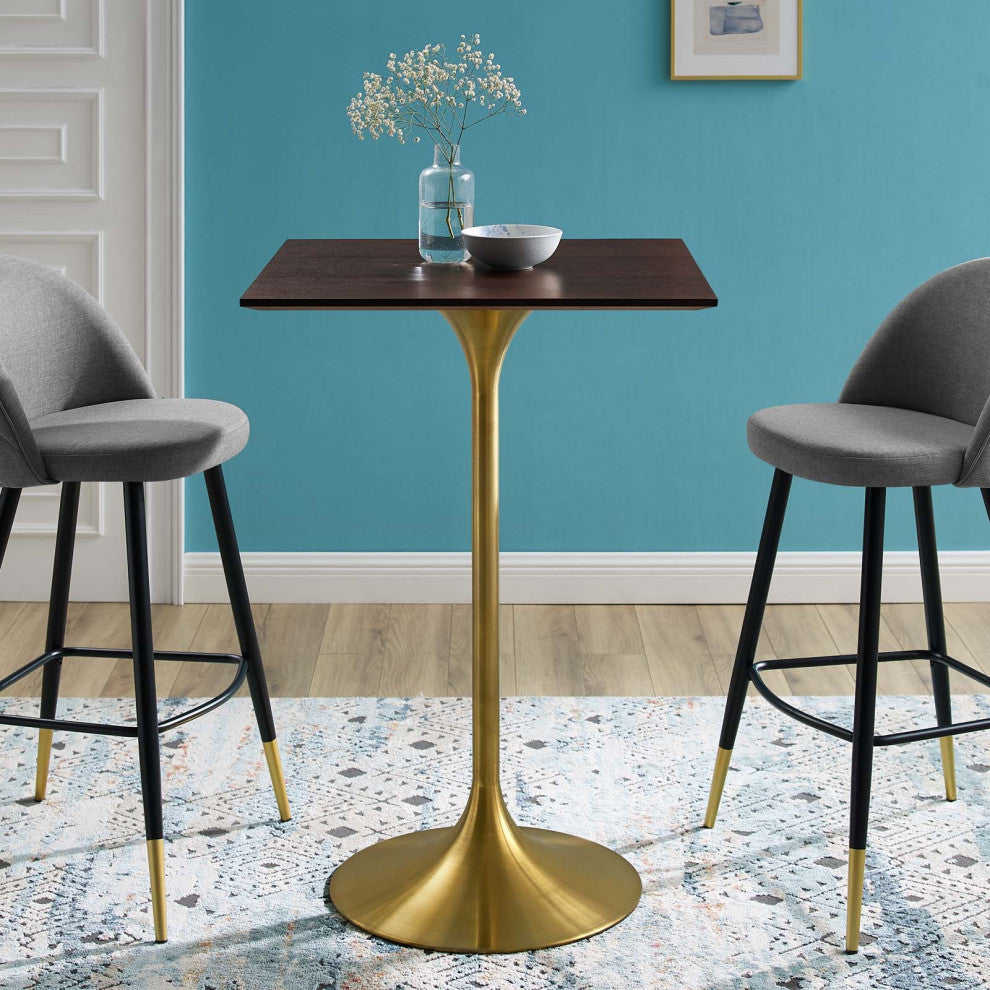 Bar Table, Square, Wood, Metal, Gold Dark Brown Brown Walnut, Modern, Bar Pub