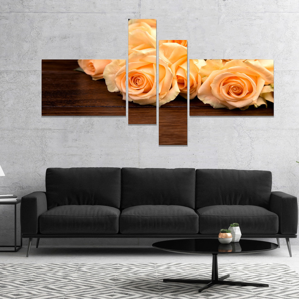 Roses on Wooden Surface Photo, Floral Canvas Art Print, 60"x32", 4 panels