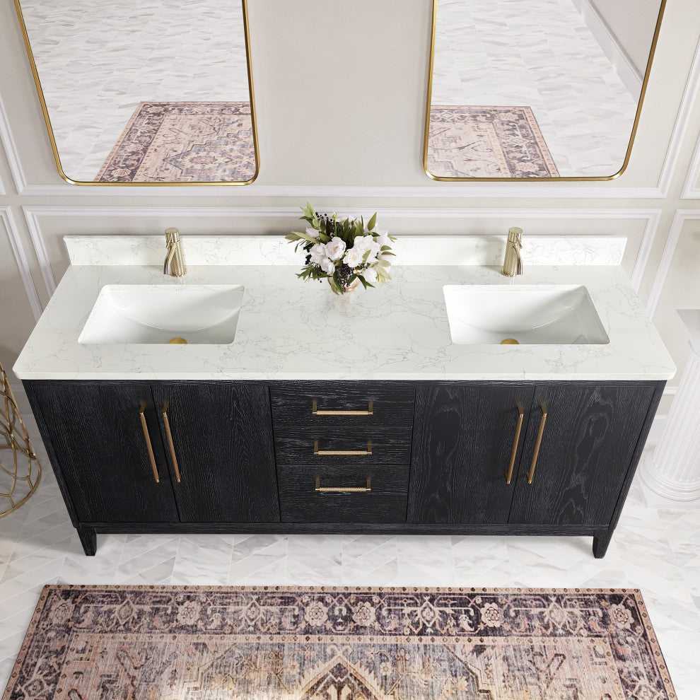 Gara Bath Vanity, Stone Top, Fir Wood Black, 72", Double Vanity, No Mirror