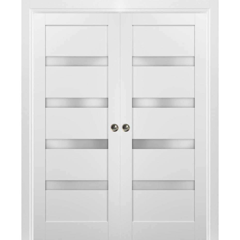 Double Pocket Doors 36x84|Frames|Quadro 4113 White Silk|Frosted Opaque Glass